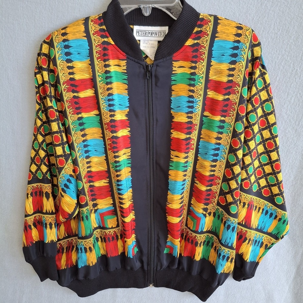Vtg 80s Peter Popovitch Bomber Jacket Tassel Print Baroque Art to Wear M USA‎